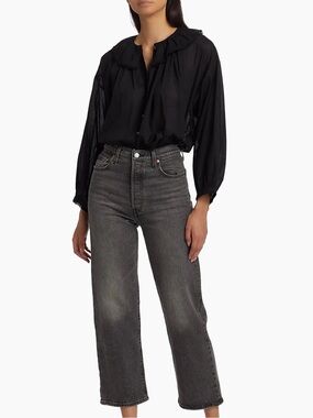 Doen Black Organic Cotton Lace Trim Collar Semi-Sheer Long Wide Sleeve Blouse